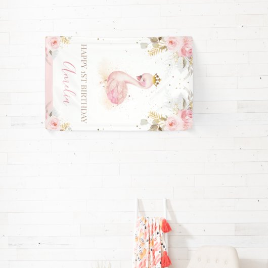 ピンクフローラプリンセススワンバースデーバナー 横断幕 (インサイチュ)