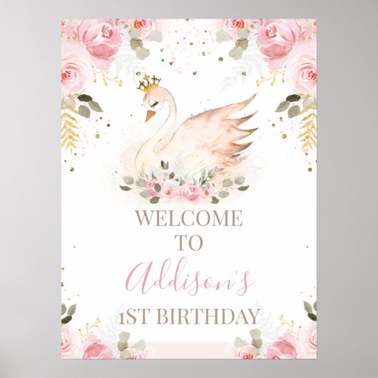 ピンクフローラプリンセススワン誕生日ウェルカムサイン ポスター (正面)