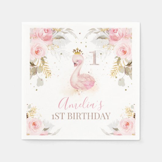ピンクフローラプリンセススワン1st誕生日紙 スタンダードカクテルナプキン (正面)