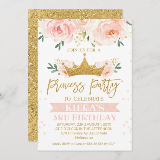 ピンクフローラプリンセスパーティー誕生日招待状 招待状 (正面/裏面)