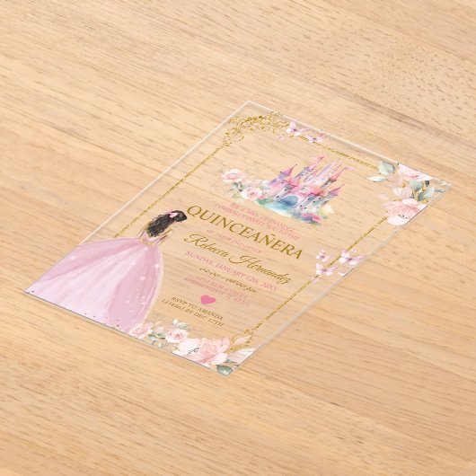 ピンクフローラプリンセス王室の城金ゴールドキンセアニラ アクリル招待状 (レイダウン)