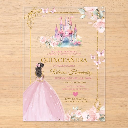 ピンクフローラプリンセス王室の城金ゴールドキンセアニラ アクリル招待状 (正面)