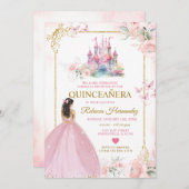 ピンクフローラプリンセス王室の城金ゴールドキンセアニラ 招待状 (正面/裏面)