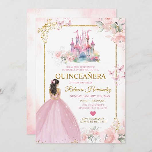 ピンクフローラプリンセス王室の城金ゴールドキンセアニラ 招待状 (正面/裏面)