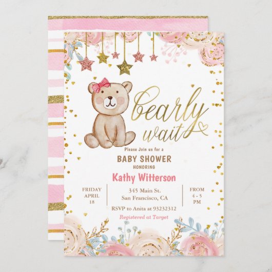 ピンクフローラベアベイビーシャワー招待状 招待状 (正面/裏面)