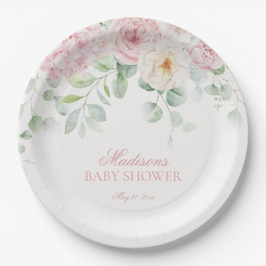 ピンクフローラベビーイン開花アジサイ赤ちゃんシャワー ペーパープレート (正面)