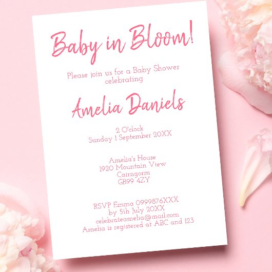 ピンクフローラベビーイン開花ベビーシャワー招待状 招待状