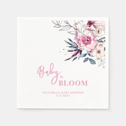 ピンクフローラベビーイン開花ベビーシャワー スタンダードカクテルナプキン (正面)