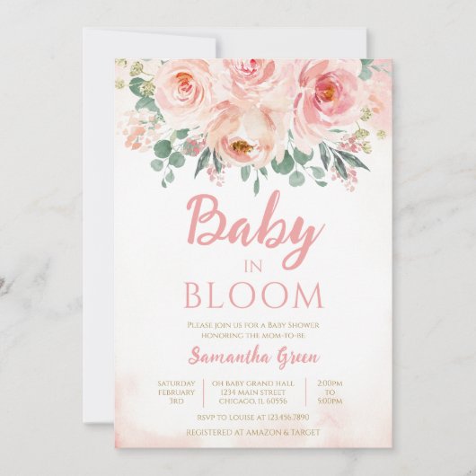ピンクフローラベビーイン開花ベビーシャワー 招待状 (正面)