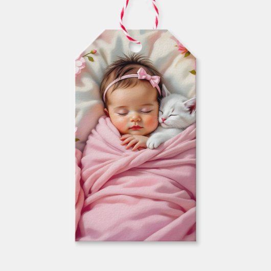 ピンクフローラベビーガールと白い子猫 ギフトタグ (正面)