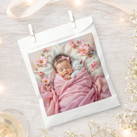 ピンクフローラベビーガールと白い子猫 フェイバーバッグ (クリップ留めされた状態)