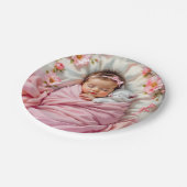 ピンクフローラベビーガールと白い子猫 ペーパープレート (アングル)