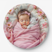 ピンクフローラベビーガールと白い子猫 ペーパープレート (正面)