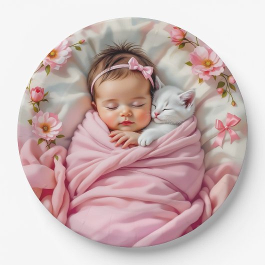 ピンクフローラベビーガールと白い子猫 ペーパープレート (正面)