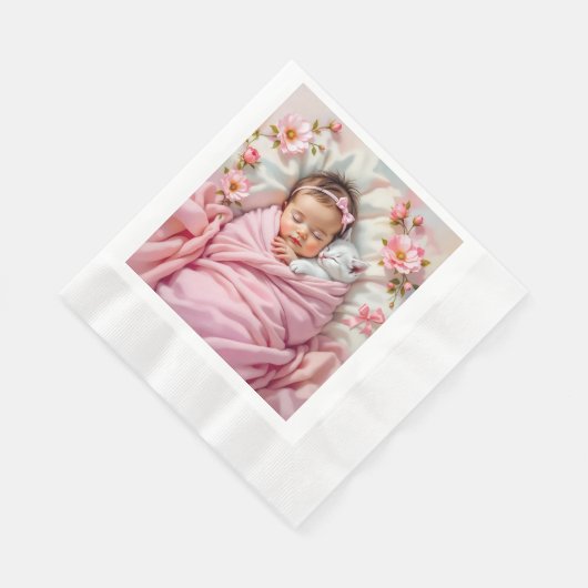 ピンクフローラベビーガールと白い子猫 縁ありランチョンナプキン (角)