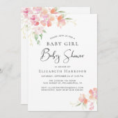 ピンクフローラベビーガールシャワーとバーチャルオプション 招待状 (正面/裏面)