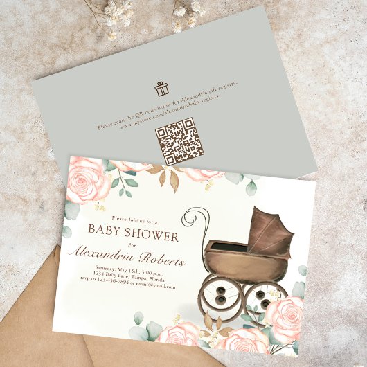 ピンクフローラベビーガールシャワーヴィンテージテンプレート 招待状