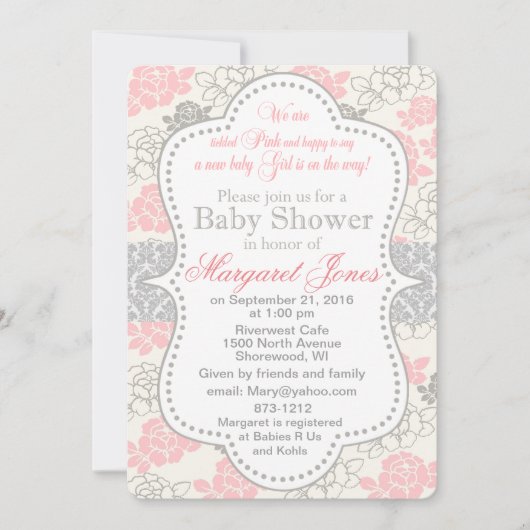 ピンクフローラベビーガールシャワー招待状 招待状 (正面)