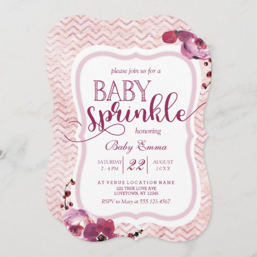 ピンクフローラベビーガールスプリンクルシャワー招待状 招待状 (正面/裏面)