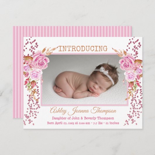 ピンクフローラベビーガール写真誕生のお知らせ 案内状 (正面/裏面)