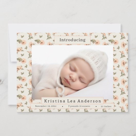 ピンクフローラベビーガール誕生のお知らせ 招待状 (正面)