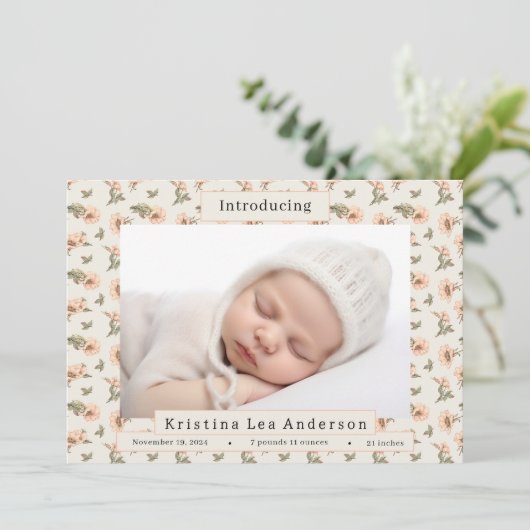 ピンクフローラベビーガール誕生のお知らせ 招待状 (スタンド正面)