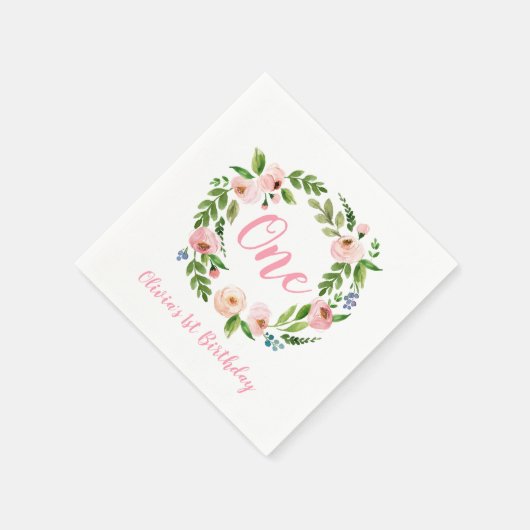 ピンクフローラベビーガール1st誕生日パーティーナプキン スタンダードカクテルナプキン (角)