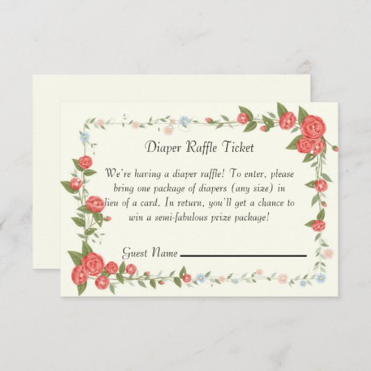 ピンクフローラベビーシャワーおむつラッフルチケットカード 招待状 (正面/裏面)