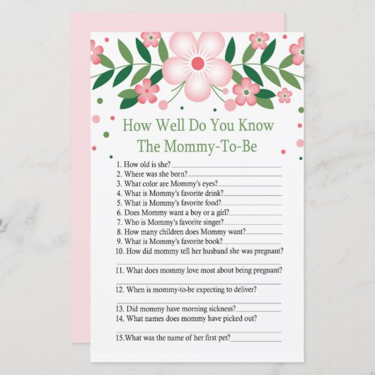 ピンクフローラベビーシャワーゲームをどれだけ知っているか (正面/裏面)