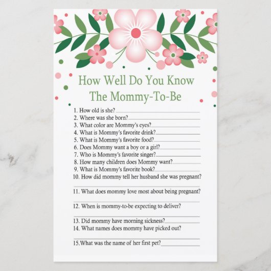 ピンクフローラベビーシャワーゲームをどれだけ知っているか (正面)