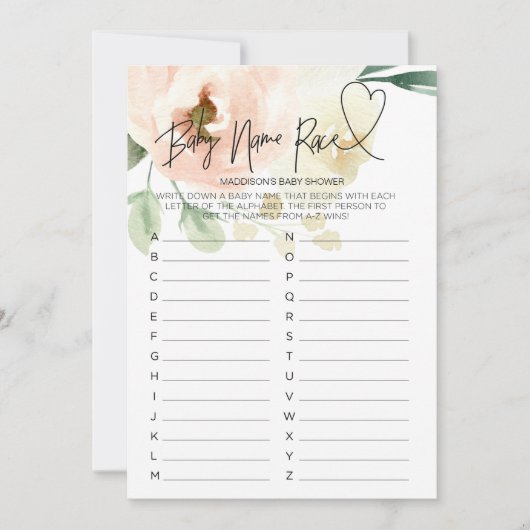 ピンクフローラベビーシャワーゲームベビー名レースカード 招待状 (正面)