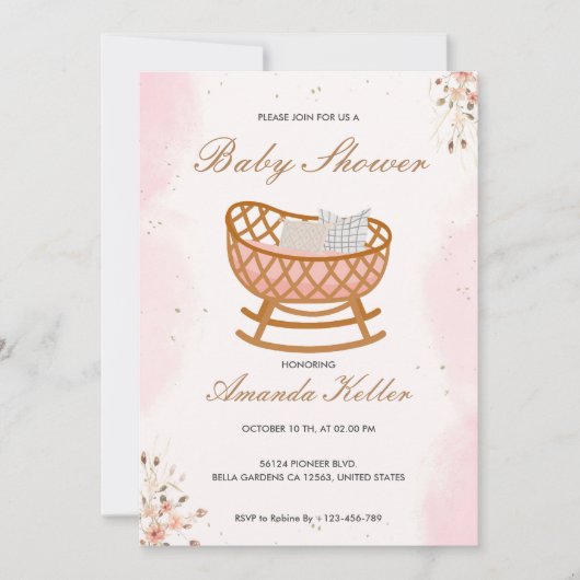 ピンクフローラベビーシャワー招待状 招待状 (正面)