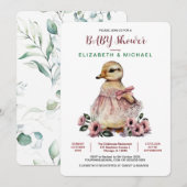 ピンクフローラベビーダックベビーシャワーfor girl 招待状 (正面/裏面)