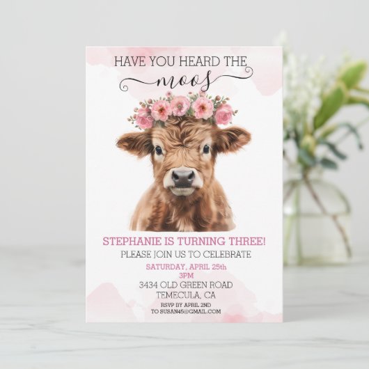 ピンクフローラベビーハイランドカウズ誕生日 招待状 (スタンド正面)