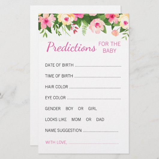 ピンクフローラベビー予測カード赤ちゃんシャワーゲーム 便箋 (正面/裏面)