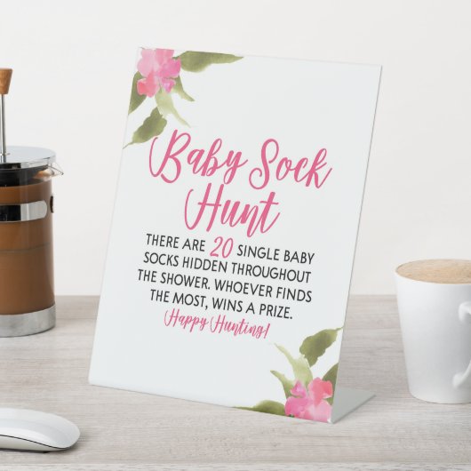 ピンクフローラベビー靴下狩りベビーシャワーゲーム 台座サイン (インサイチュ)