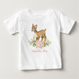 ピンクフローラベビー鹿誕生日幼児Tシャツ ベビーTシャツ