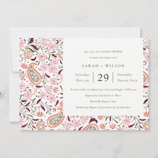 ピンクフローラペイズリーモチーフカップルシャワー招待状 サンキューカード (正面)