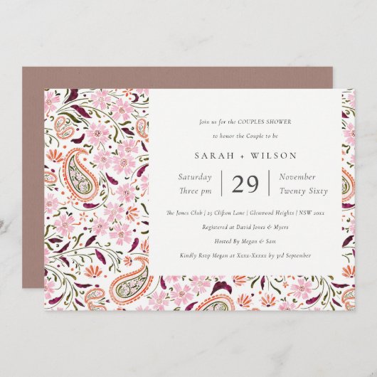 ピンクフローラペイズリーモチーフカップルシャワー招待状 サンキューカード (正面/裏面)
