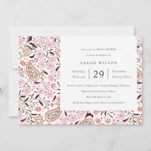 ピンクフローラペイズリーモチーフブライダルシャワー招待状 サンキューカード (正面)