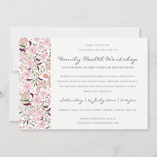 ピンクフローラペイズリーMotifワークショップイベント招待状 サンキューカード (正面)