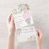 ピンクフローラホットエアバルーンエレファントベビージャーシャワー オールインワン招待状 (貼ってはがせる)