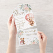 ピンクフローラホットエアバルーンテディベア赤ちゃんシャワー オールインワン招待状 (貼ってはがせる)