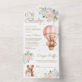 ピンクフローラホットエアバルーンテディベア赤ちゃんシャワー オールインワン招待状 (内側)