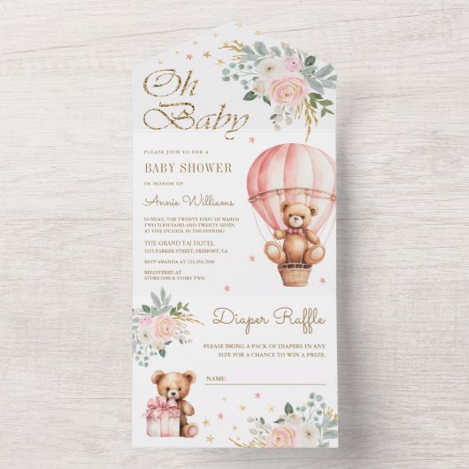 ピンクフローラホットエアバルーンテディベア赤ちゃんシャワー オールインワン招待状 (内側)
