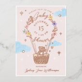 ピンクフローラホットエアバルーンテディベア赤ちゃんシャワー 箔招待状 (正面)