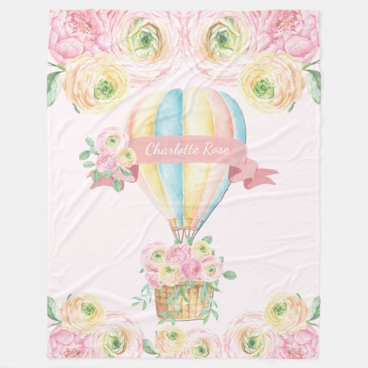 ピンクフローラホットエアバルーンベビーガール子供部屋 フリースブランケット (正面)