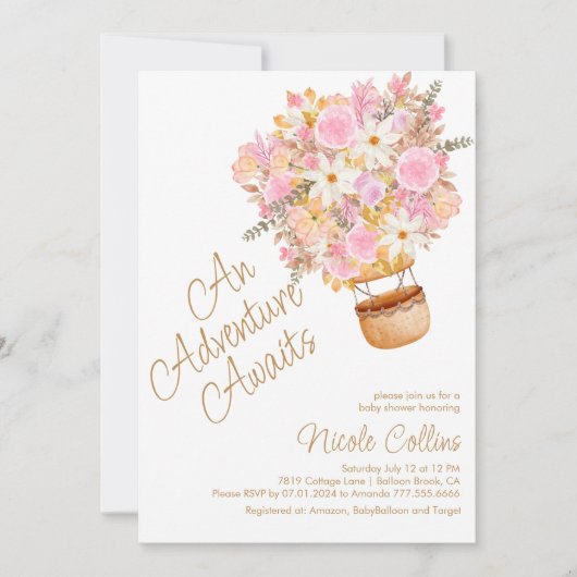 ピンクフローラホットエアバルーンベビーシャワー 招待状 (正面)