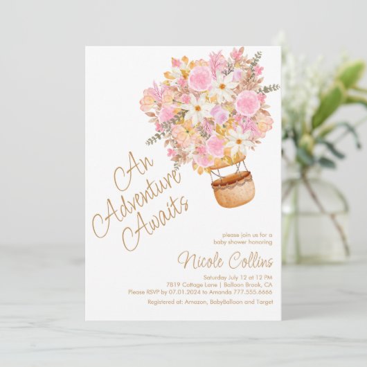 ピンクフローラホットエアバルーンベビーシャワー 招待状 (スタンド正面)