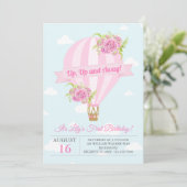 ピンクフローラホットエアバルーン誕生日招待状 招待状 (スタンド正面)